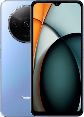 A light blue Xiaomi Redmi A3 smartphone is shown from the back and side, with its screen displaying a colorful abstract wallpaper.