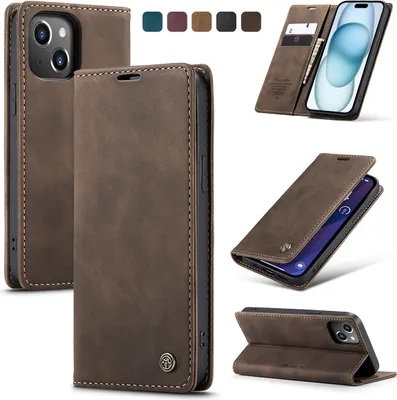 A collage of images showing a brown leather iPhone case from different angles, including open and closed views, and a selection of color swatches.