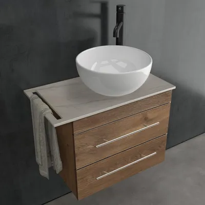 Produktbild von Alpenberger Waschbecken mit Unterschrank 60 cm | Badmöbel Set Gäste WC mit Keramik Aufsatzwaschbecken und Keramikplatte