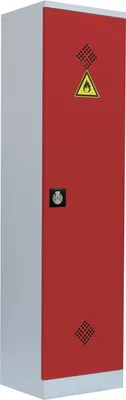 A tall, narrow cabinet with a red door and gray sides, featuring a warning symbol for flammability.