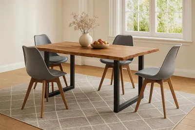 Produktbild von 5-TLG. Essgruppe Quinn | Esstisch mit 4 Stühlen | 120x80 cm | Esstisch mit echter Baumkante | Akazienholz massiv + Naturfarben | U-Gestell Schwarz | 4X Schalenstuhl Grau