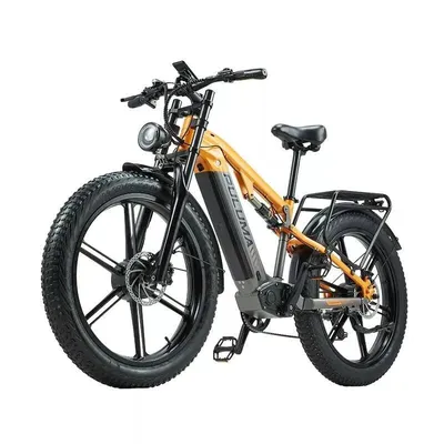 A studio shot of an electric bicycle against a white background.