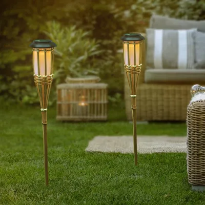Produktbild von 8 x LED Solar Gartenfackel Bambus Gartenleuchte Solarfackel Fackel Solarleuchte