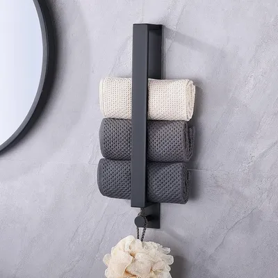Produktbild von Selbstklebender Handtuchhalter, kein Bohren, Edelstahl, Gästehandtuchhalter, mit Haken (schwarz, 40 cm)