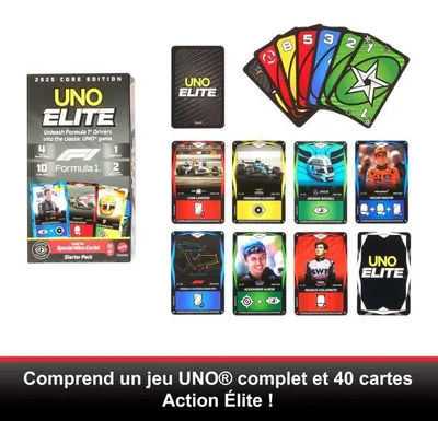 Immagine prodotto di Kit iniziale del gioco di carte UNO Elite F1, 112 carte, 4 buste, 2 carte da collezione