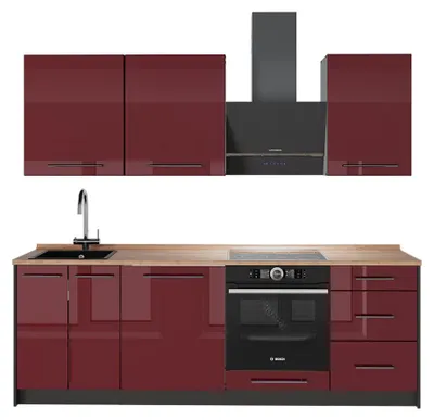 Produktbild von Küchenzeile Vicco Fame-Line Bordeaux Hochglanz/Anthrazit 230 cm, AP Eiche, Model 63965