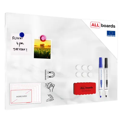 Produktbild von Metallische Magnettafel WEISSER MARMOR 60x40cm MetalBoards Memoboard für jede Art von Magneten Magnetpinnwand + 4 Marker, 10 Magnete und Schwamm