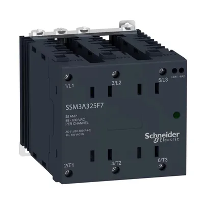 Produktbild von Schneider Electric Halbleiterrelais, Hutschiene, E: 180-280VAC, A: 48-600VAC, 3x 25 A, 3ph, nullsp. SSM3A325P7