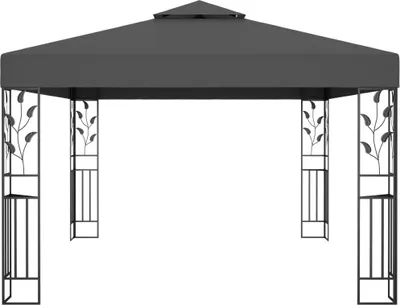 A dark grey gazebo with a double roof and decorative metal posts.
