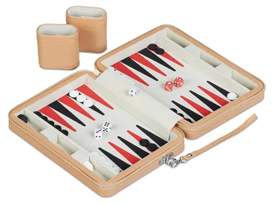 Image de Relaxdays Backgammon, jeu de voyage avec sacoche, accessoires inclus, H x l x P : 5,5 x 24 x 18 cm, aspect cuir, jeu de société, marron clair