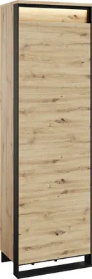 A tall, narrow wardrobe with a wood-grain finish and black metal frame.