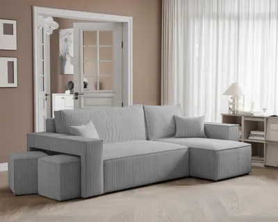Image de Idohome – Canapé d'angle moderne PARIS avec poufs et fonction couchage, canapé en L, canapé universel, canapé-lit - Couleur : Gris Poso 55
