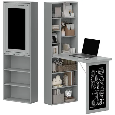 Produktbild von Klappbarer PC-Schreibtisch mit 9-stufigem Bš¹cherregal aus Holz und Metall, 98 x 51 x 153 cm, Grau