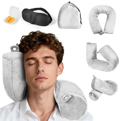 Image de Omgoods - Coussin de voyage gris pour avion - Coussin cervical en mousse viscoélastique pour les voyages