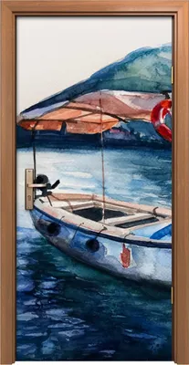 Produktbild von Türposter 90x200 cm Türaufkleber Türtapete Türfolie Klebefolie Boot Meer Aquarellfarbe Schiff Berg