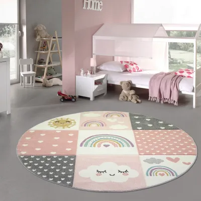 Image de Tapis pour chambre d'enfant, tapis de jeu arc-en-ciel, petits cœurs, nuages, rose, crème, gris, dimensions : 160 cm (rond)