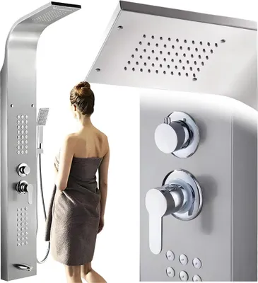A woman wrapped in a towel stands next to a shower panel, with a close-up of the shower controls.