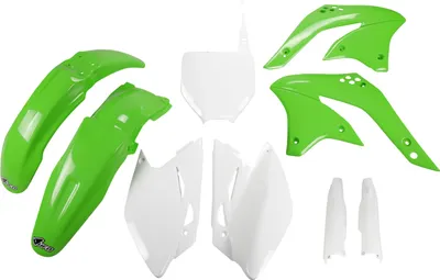 Immagine prodotto di Kit carenatura UFO PLAST, set da 9 pezzi in plastica con protezione forcella per Kawasaki KX F 450 cc, anno di produzione 2008, colore: verde / bianco