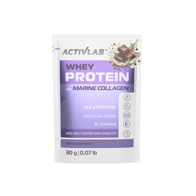 Produktbild von Activlab Whey Protein with Marine Collagen (20 x 30 g) - Milchschokolade, Meereskollagen, B-Vitamine, Biotin, Niacin, Riboflavin, ohne Zuckerzusatz