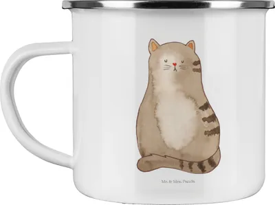 Produktbild von Mr. & Mrs. Panda Teetasse Katze Sitzen - Weiß - Geschenk, Pott, Emaille Becher, Katzen, Herz, Tasse, Familie, Teebecher, Liebe