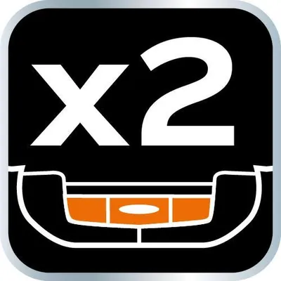 A graphic with the text X2 and an illustration of a spirit level.