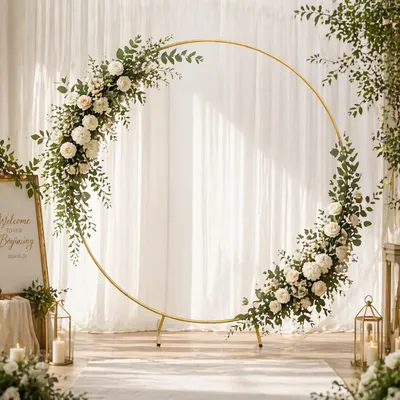 Immagine prodotto di Arco rotondo in metallo per matrimoni, struttura di sfondo per palloncini e fiori, ideale per cerimonie nuziali, feste e decorazioni per bambini