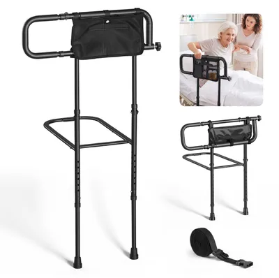 Image de VEVOR : Barrière de lit pour personnes âgées, aide pliante pour se lever avec support au sol, capacité de 136 kg. Barrière de lit pour soins à domicile et hôpital, réglable pour différentes tailles de lit, en acier au carbone, avec sac et sangle