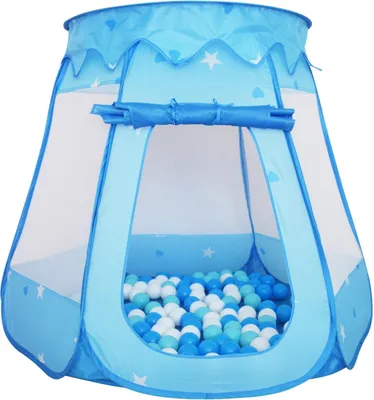 Produktbild von Relaxdays Bällebad mit 100 Bällen, HxBxT: 95 x 118 x 118 cm, Pop Up Ballpool eckig, Bällchenbad für Kinder, blau