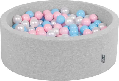 Zdjęcie produktu dla KiddyMoon suchy basen okrągły z piłeczkami 7cm jasnoszary: babyblue-pudrowy róż-perła 90x30cm/200piłek zabawka basen piankowy