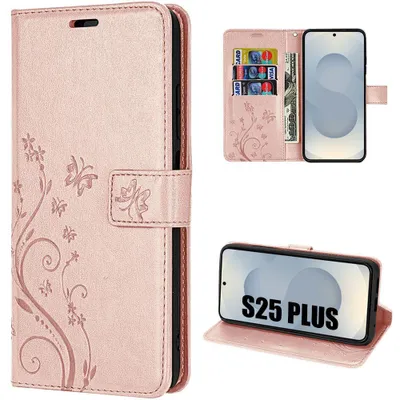 Image de Coque pour Samsung Galaxy S25 Plus (S25+) Protection Anti-Rayures Antichoc Synthécuir Rose Motif Floral Papillon
