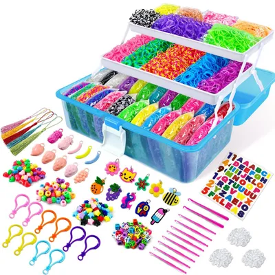 Produktbild von Set mit elastischen Armbänder-Gummis – Gummis für Loom-Bänder – 14500 Gummibänder – Mit Aufbewahrungsbox mit 3 Ebenen – Blau