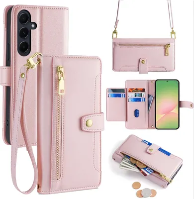 Produktbild von Handykette für Samsung Galaxy A56 Hülle mit Band Handyhülle Kartenfächer Kunstleder Umhängetasche in Rosa