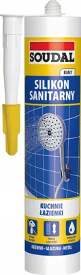 A tube of Soudal sanitary silicone sealant with an applicator nozzle.