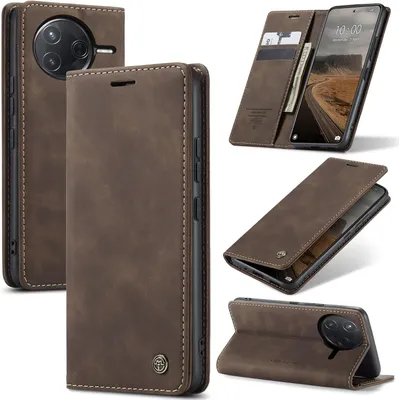 A collage of images showing a brown leather phone case for a Xiaomi Poco F7 Ultra / F7 Pro.