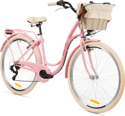 Produktbild von Goetze Mood 28 Zoll City Bike, 18 Zoll Tiefeinsteiger, 7-Gang Shimano Tourney, V-Bremse, LED-Beleuchtung, Komfortsattel, Rattankorb mit Bezug