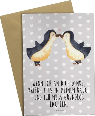 Produktbild von Mr. & Mrs. Panda Klappkarte Pinguine Kuss - Grau Pastell - Geschenk, Valentinstag, weihnachtskarten, Jahrestag, Freundin, für Frauen, Grußkarten, Freund, osterkarte