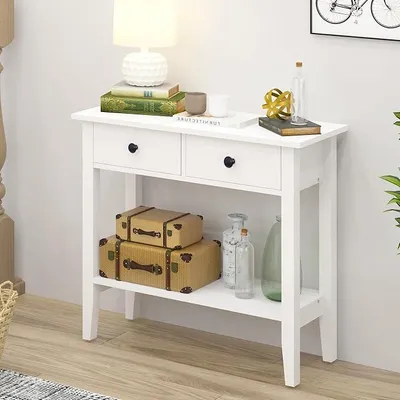Image de Table console, table basse, table d'appoint, meuble de rangement avec 2 tiroirs, table d'entrée, blanche, pour entrée, salon, 80 x 34 x 71,5 cm