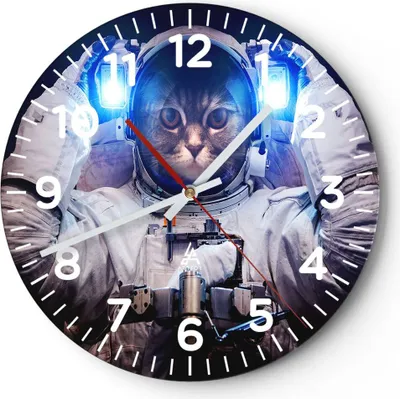 Produktbild von Wanduhr - Rund - Glasuhr - Kosmonaut Katze - 40x40cm - Schleichendes Uhrwerk - Lautlos - zum Aufhängen bereit - Dekoration Modern - Wanddekoration aus Glas - C4AR40x40-3734