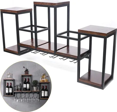 A wall-mounted wine rack with wooden shelves and metal framing.