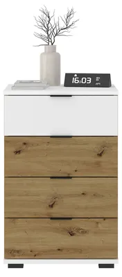 Produktbild von Nachttisch PIANO Artisan Eiche/weiß, Nachtkommode für Boxspringbetten, Nachtschrank mit 4 Schubladen und Griffen aus Kunststoff, Korpus aus MDF/Spanplatte