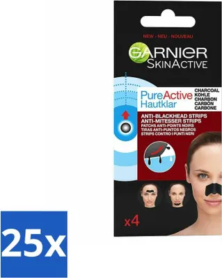 Produktbild von Garnier – Pure Active – Anti-Mitesser-Streifen – Aktivkohle – Nase, Stirn & Kinn – 4 Streifen - Vorteilspack - 25 Stücke