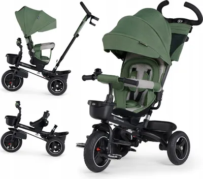 A collage of images showing a green Kinderkraft SPINSTEP tricycle from different angles and configurations.