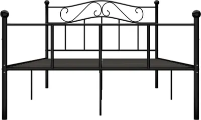 A black metal bed frame is shown against a white background.
