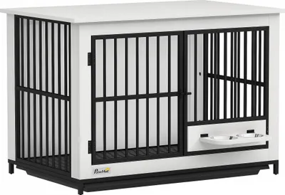Produktbild von Große Hundebox, einfacher Zugang, verschließbar, drehbarer Schüsselhalter, für kleine und große Hunde, Weiß