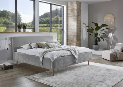 Produktbild von Meise Möbel Polsterbett Mattis 180x200 cm | Doppelbett | Bettgestell | skandinavisches Kopfteil | Strukturstoff Grau | Holzfuß eichefarbig