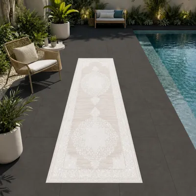 Image de Tapis gris-beige crème, idéal pour l'intérieur et l'extérieur, facile d'entretien. Dimensions : 80 x 250 cm