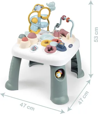 A colorful interactive activity table for babies and toddlers, with various toys and features on its surface and legs.