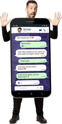 Whats App Kostüm für Erwachsene mit einem lustigen, bedruckten Chatverlauf von Vorne