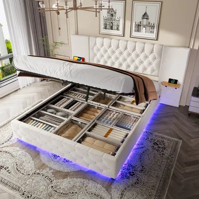 Produktbild von STILVORA Polsterbett 160x200cm mit Bettkasten,Jugendbett mit Stauraum,Doppelbett mit LED-Licht und USB-Anschluss,breitem Kopfteil,Beige