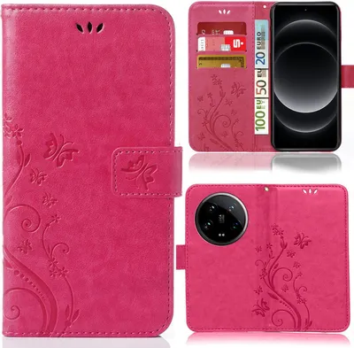 Produktbild von Handy Tasche für Xiaomi 14 Ultra Schutz Hülle Handyhülle mit Blumenmuster Klapp Hülle mit Standfunktion und Kartenfächer Pink